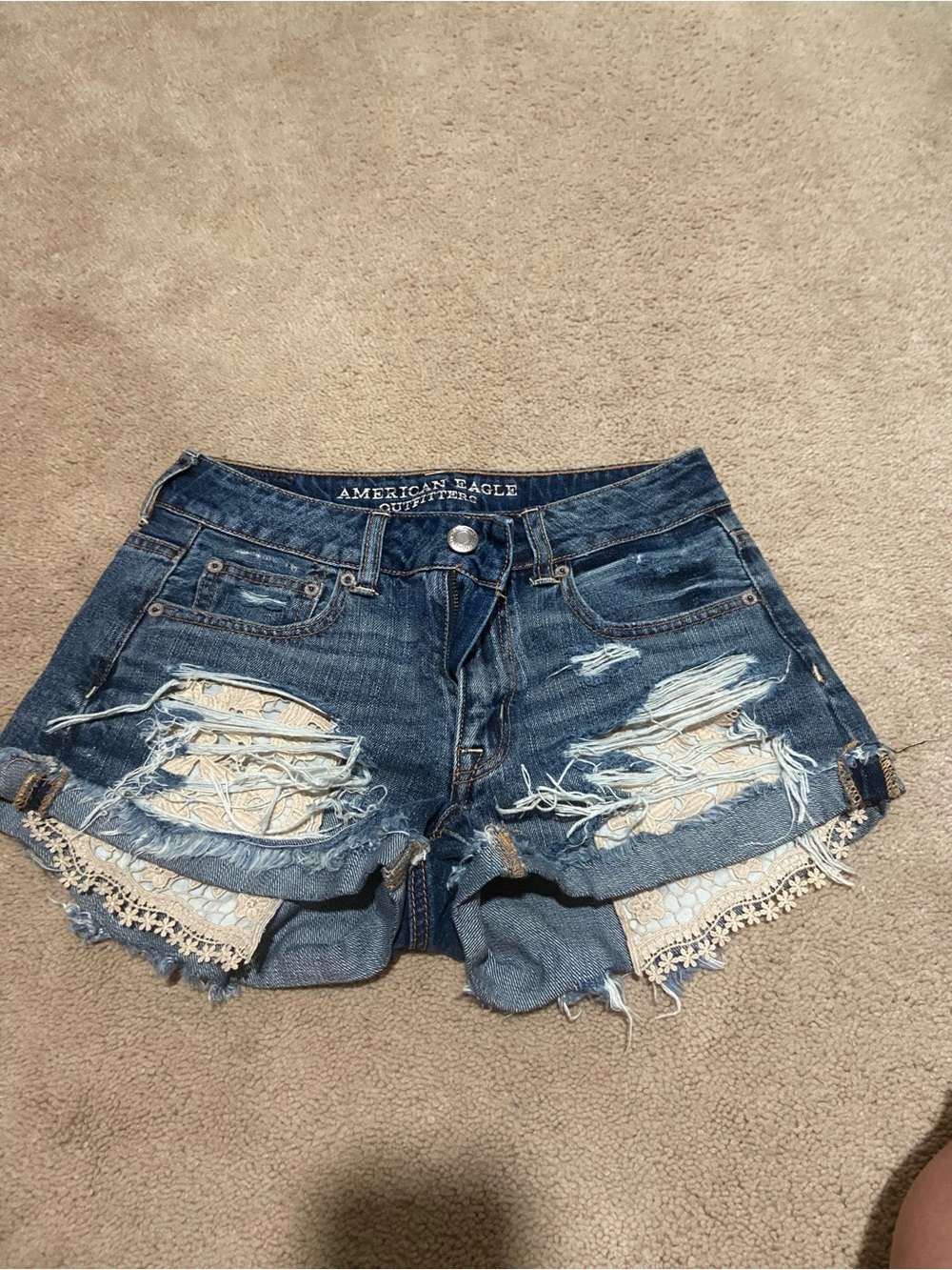 American Eagle Outfitters Dark Blue Distressed Denim Lace-Trim Shorts